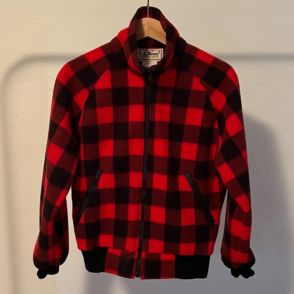 LL Bean vintage red plaid zip up fleece jacket with pockets